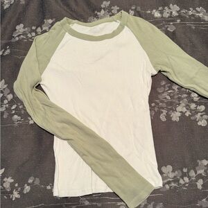 Brandy Melville John Galt Green and White Long Sleeve Top One Size